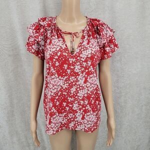 Sundays Bresson Top in Cherry Blossom Print Teired Ruffled Sleeves Red